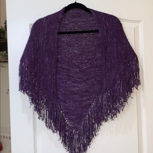 Hand knit purple shawl with 66” fringe. 44” across